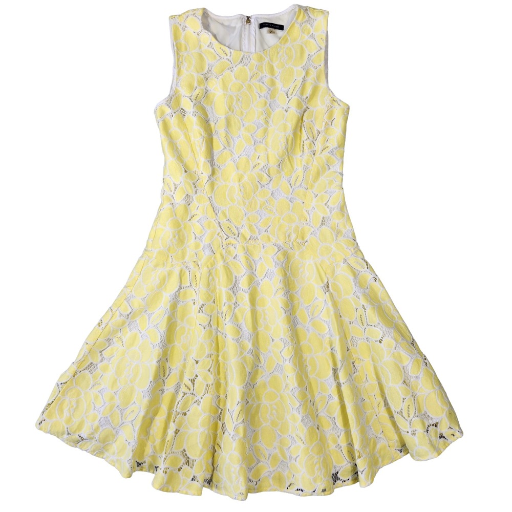 Tommy Hilfiger Women 8 Yellow Floral Lace Fit & Flare Wedding‎ Guest Preppy